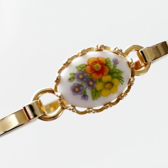 Vintage Avon Ceramic Floral Bangle Bracelet Gold Tone - Picture 3 of 11
